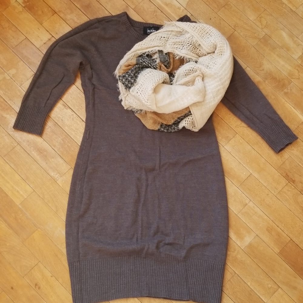 Brown Sweater Dress with Infinity Scarf